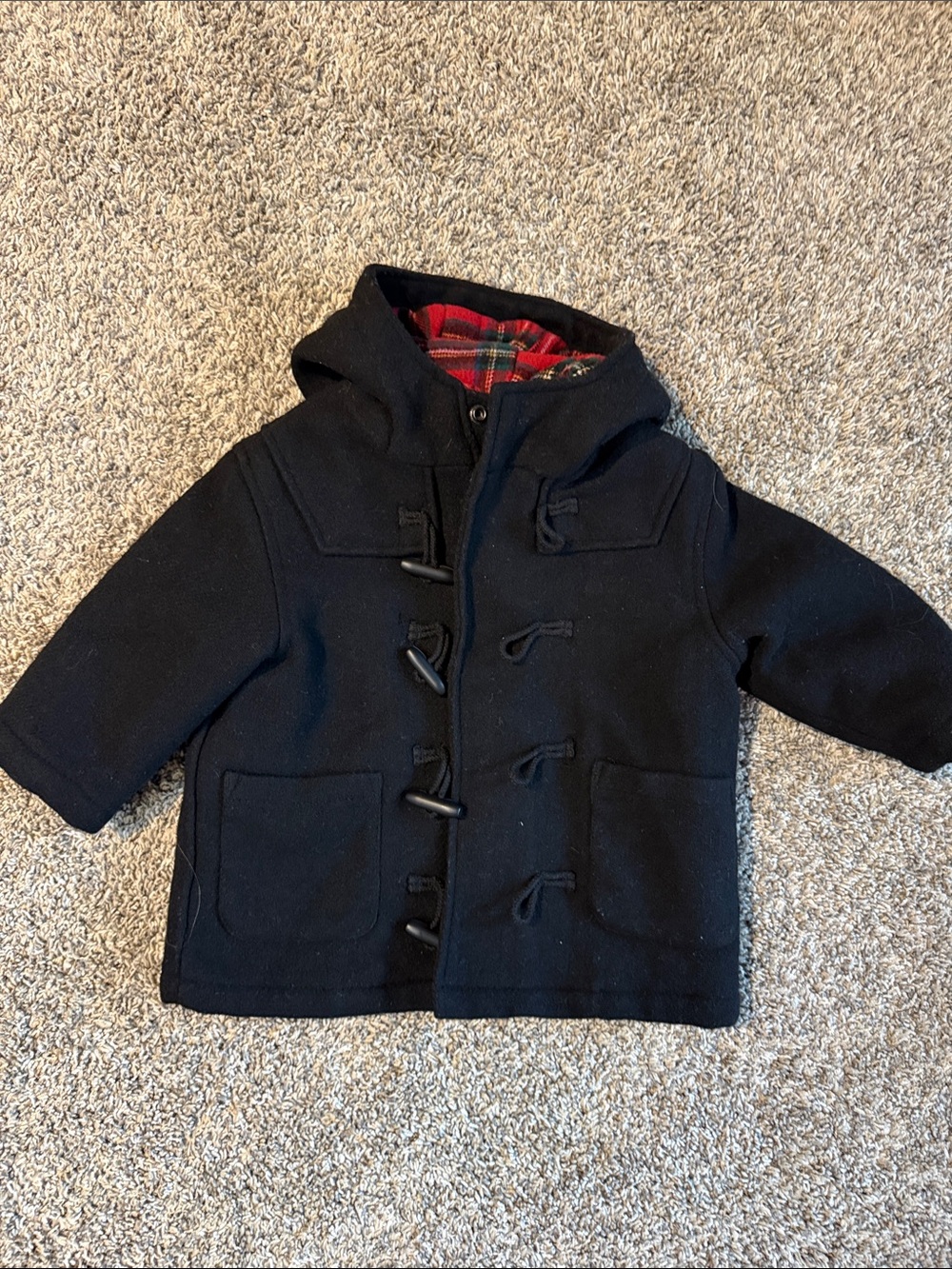 Children’s place Kids Black Hooded Toggle Coat with Red Plaid Lining